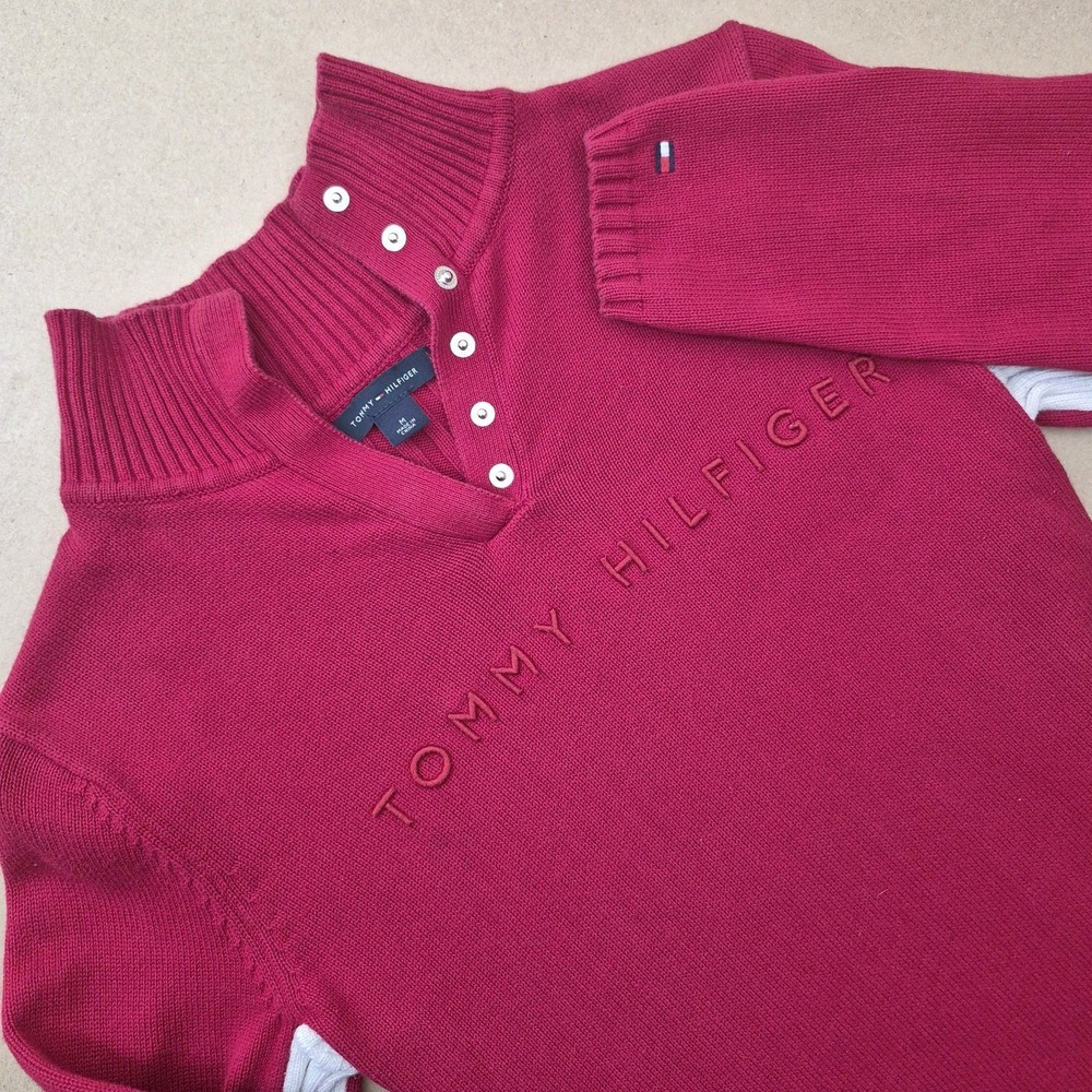 Tommy‎ Hilfiger Sweater Womens Medium Red Button Mock Neck Ribbed Sporty Y2K